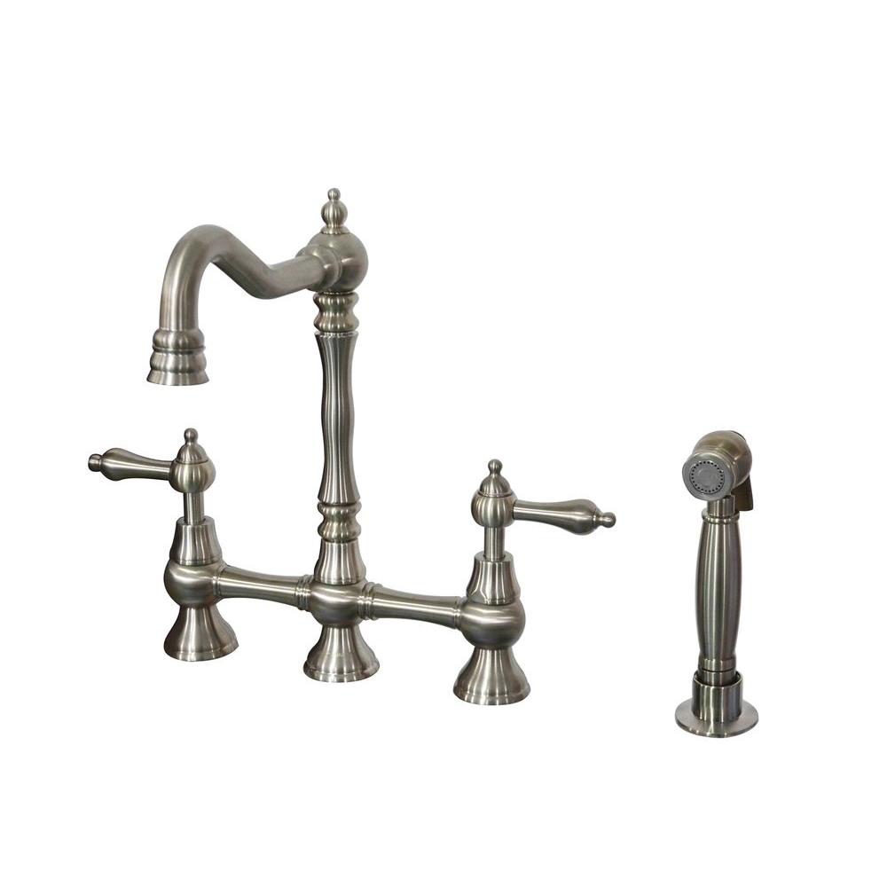 2 Handle Bridge Kitchen Faucet With Side Sprayer And Metal Lever Handles