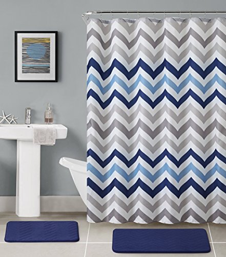 Victoria Classics Shower Curtain With Bath Rugs Blue Grey Taupe