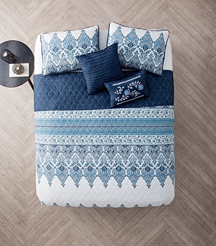 andrea reversible quilt set - 5 piece - blue - size: queen
