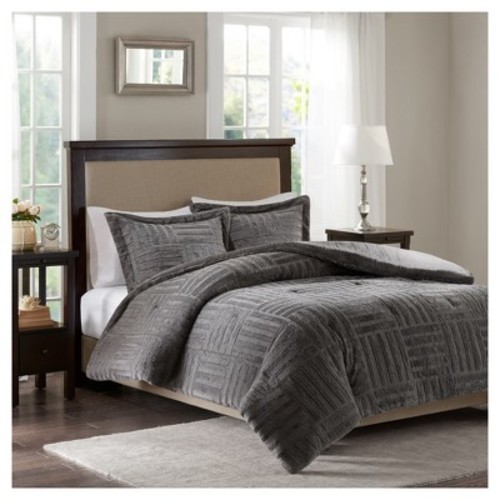 Gray Polar Brushed Faux Fur Comforter Mini Set Full Queen 3pc Blinq