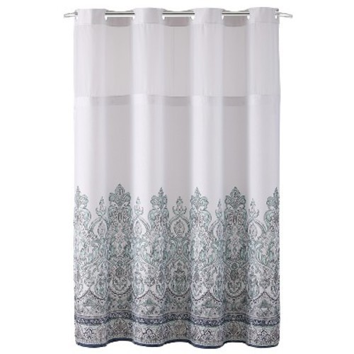Hookless Damask Border Shower Curtain With Liner Teal Size 71